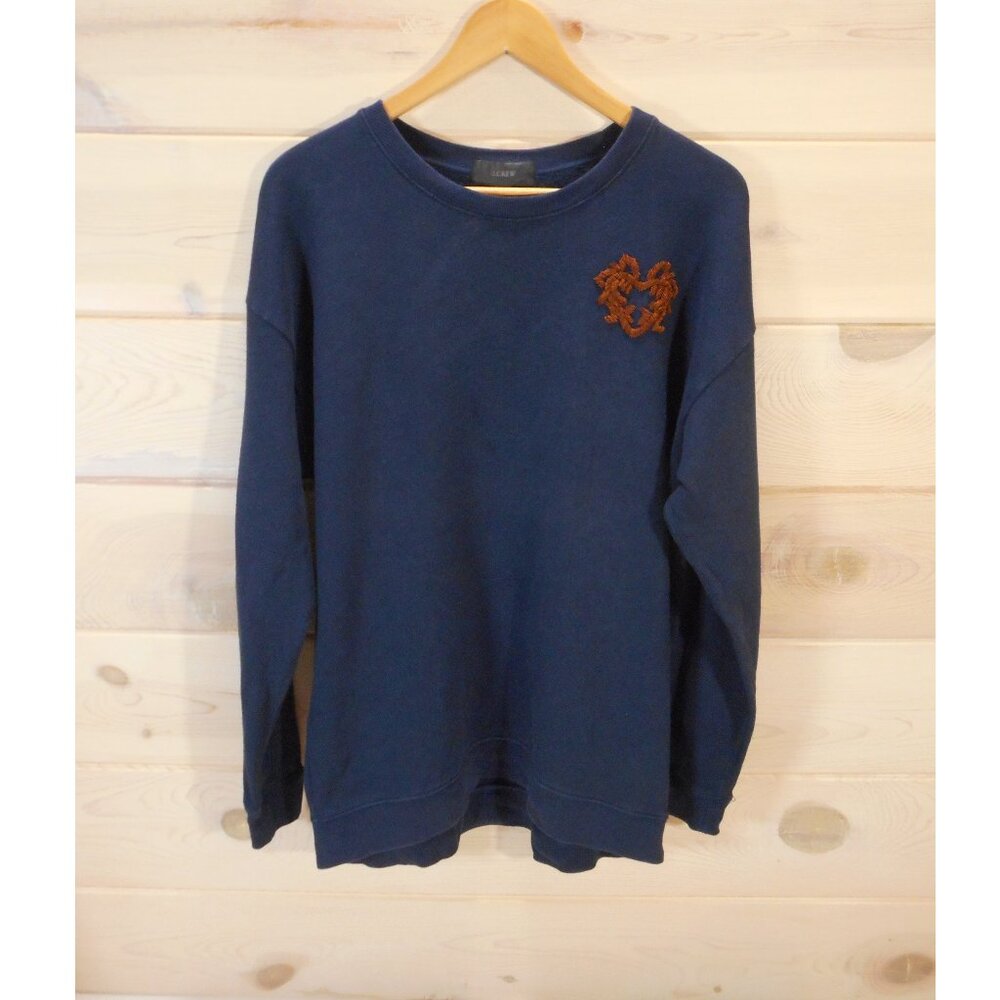 J. Crew Women's S Oversized Navy Pullover Crewneck Sweatshirt Embroidered Heart